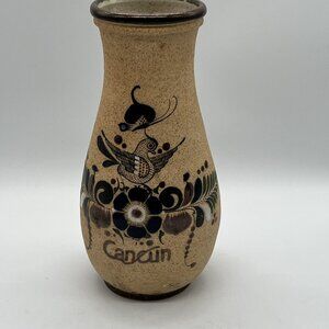Tonala Stoneware Vase with Folk Art Bird and Flowers - Mexico 8 1/2" Signed